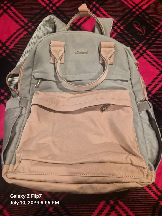Handbags - Women's Botique Two-Tone Gray and Blush Backpack With Charging Cables